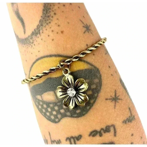 Bronze Tone Metal Charm Flower Rhinestone Bracelet - Picture 2 of 6